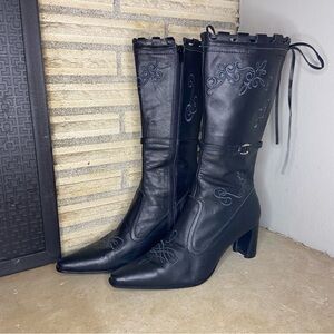 Roper Black Embroidered Leather Mid-Calf Boots Size 9 Western